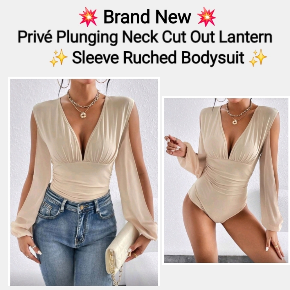 SHEIN Privé Plunging Neck Cut-Out Lantern Sleeve Ruched Bodysuit Size L